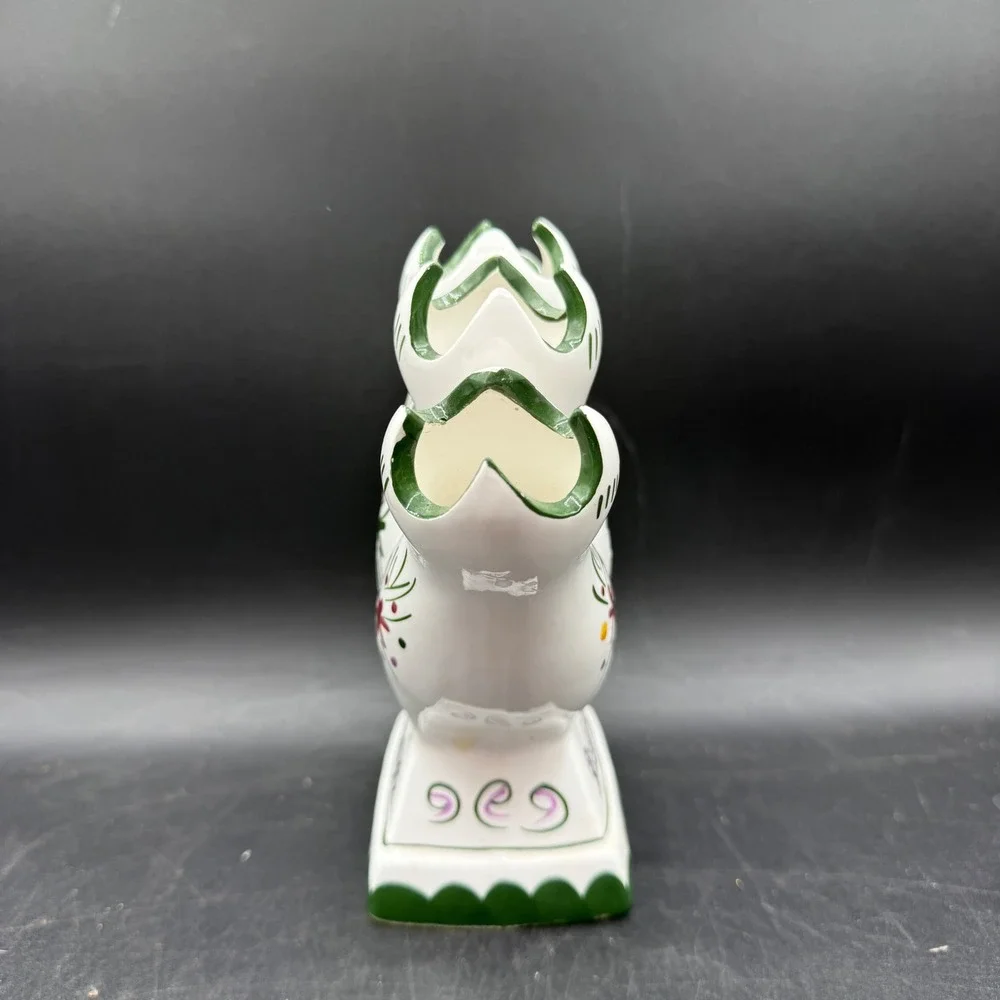 Vintage Ceramic Tulip 5 Finger Vase Hand Painted Floral White Green Portugal